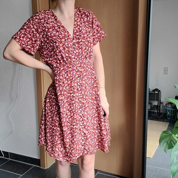 Madewell V-Neck Spring Prairie Orange-Red Ditsy Floral Button Front Mini Dress 2 - Picture 13 of 14